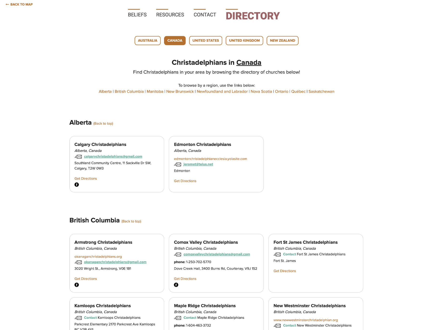 Christadelphian church directory with searchable listings and filters