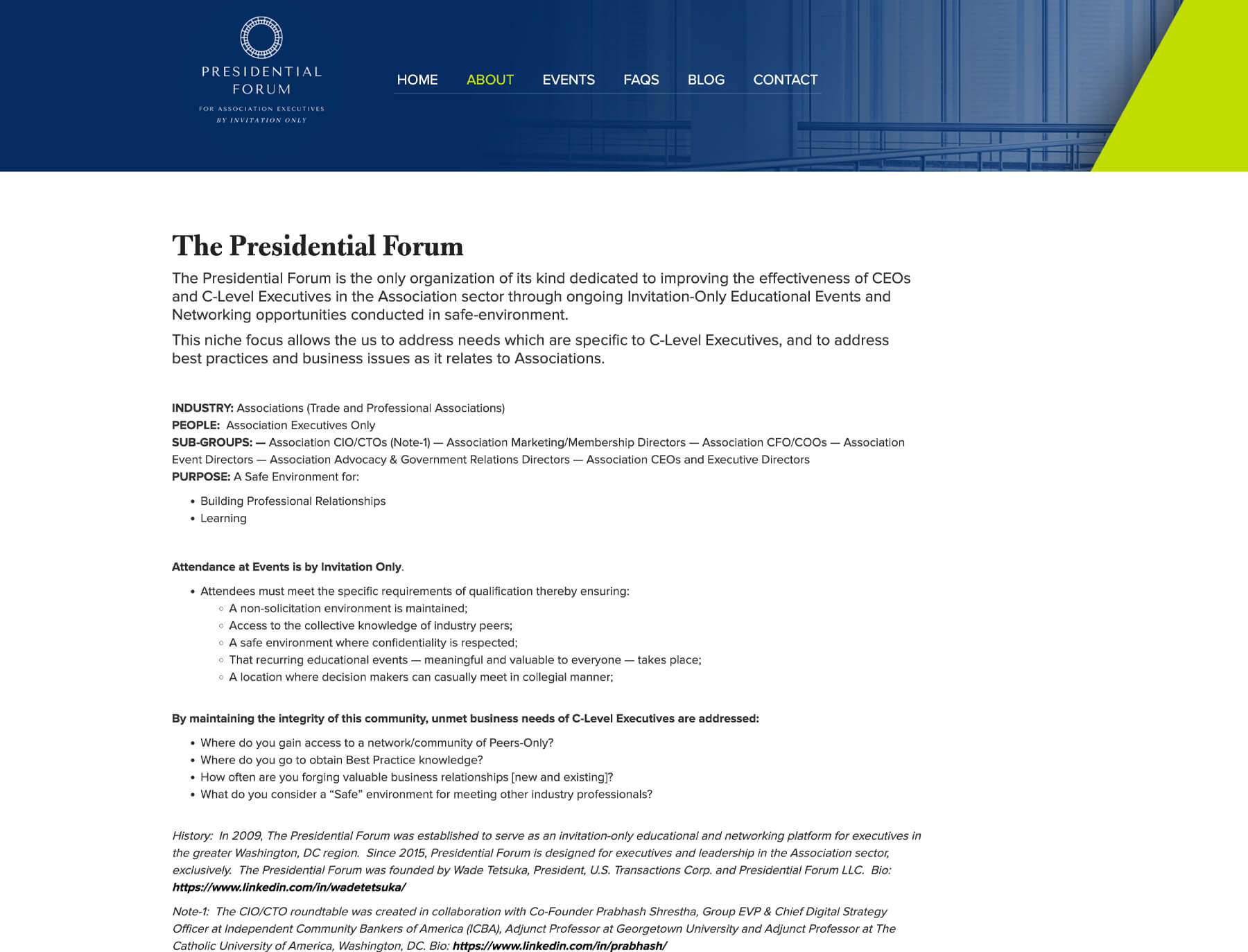 Presidential Forum about page with association website content