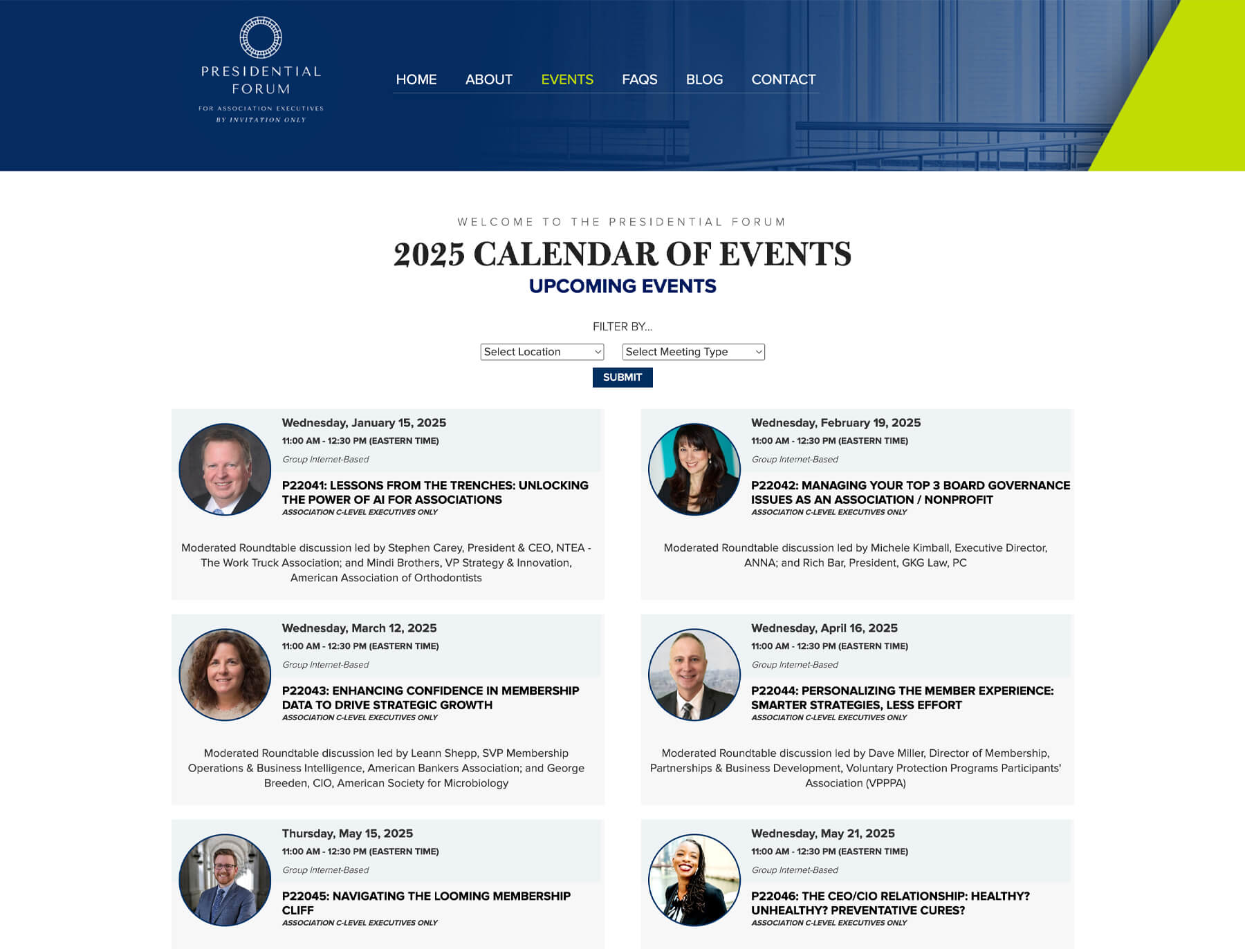 Presidential Forum event management and scheduling page